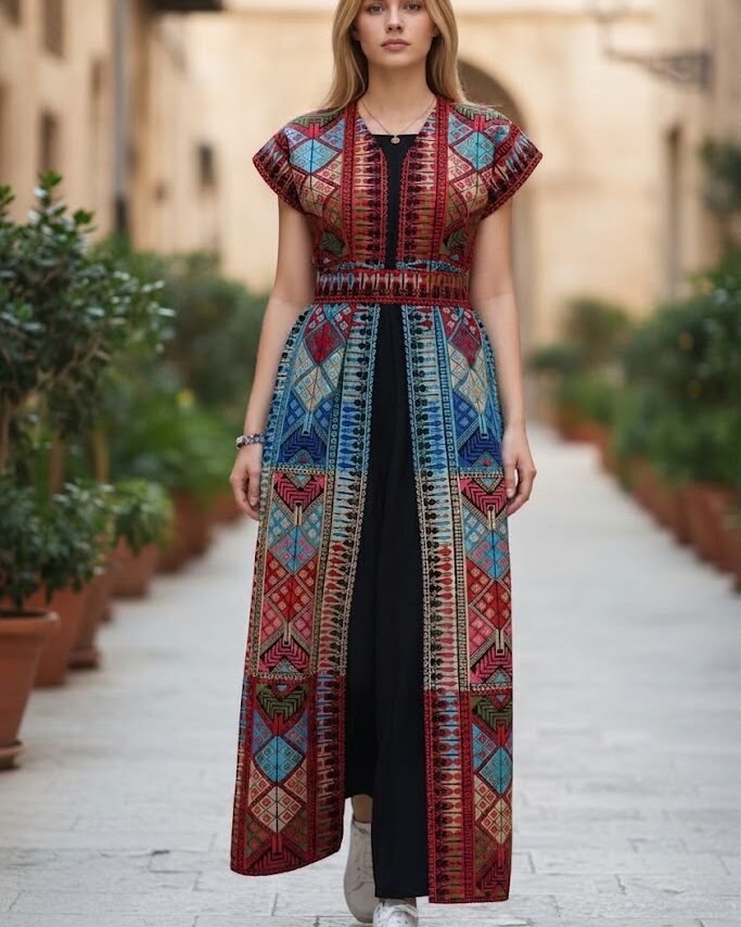 2-Piece Embroidered Long Cardigan Set with Black Inner Dress